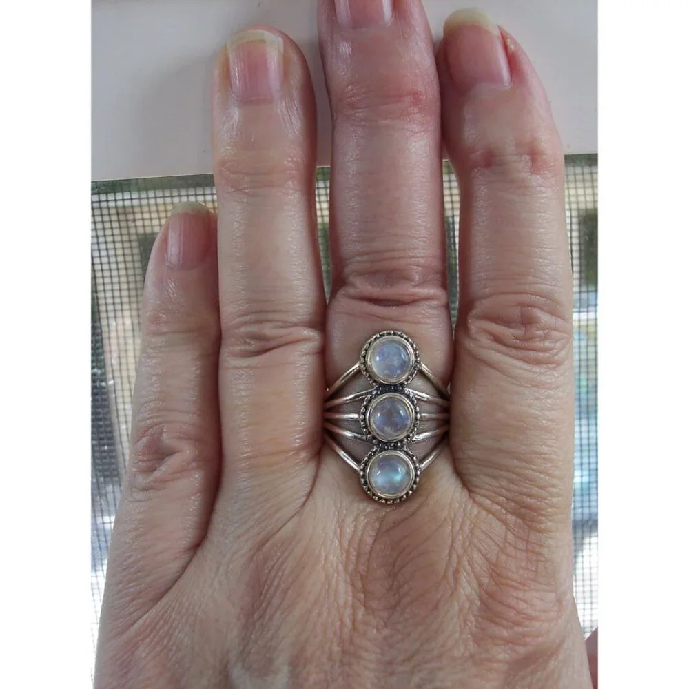 925 STERLING SILVER Genuine Rainbow Moonstone Statement Ring - Picture 11 of 14